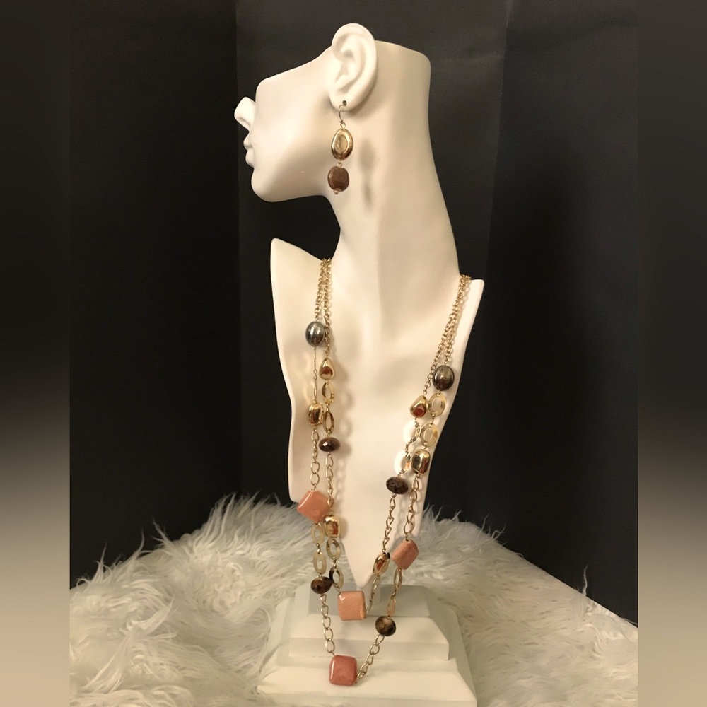 Brand New Set Punch Brand Two Tear Gold chain with beads and Earings 37" Long